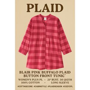 BlairBuffalo Plaid Button Front Tunic Top Women’s Plus L 100% Cotton Long Sleeve